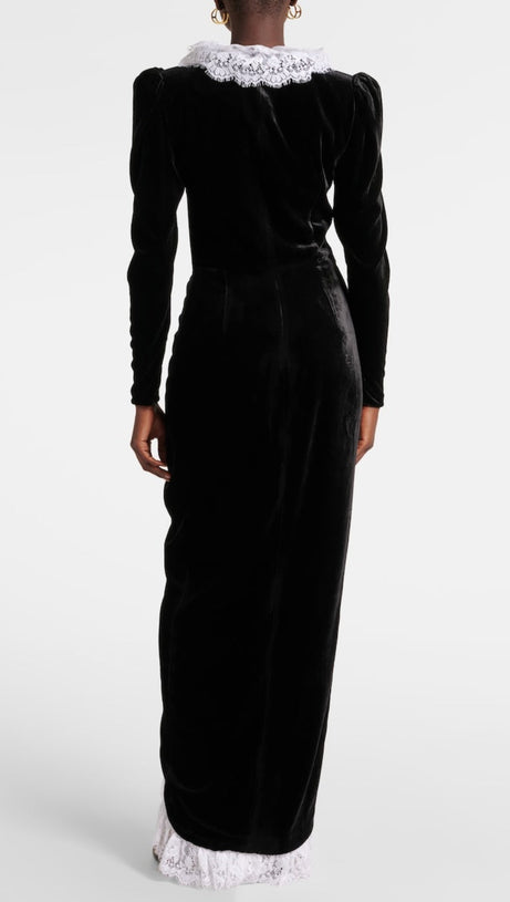 CANNIA LACE-TRIMMED VELVET MAXI DRESS IN BLACK