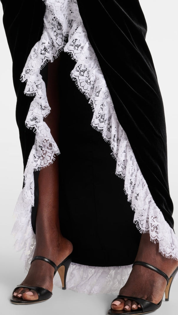 AIIZIE CANNIA LACE-TRIMMED VELVET MAXI DRESS IN BLACK - product image