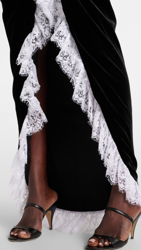 CANNIA LACE-TRIMMED VELVET MAXI DRESS IN BLACK