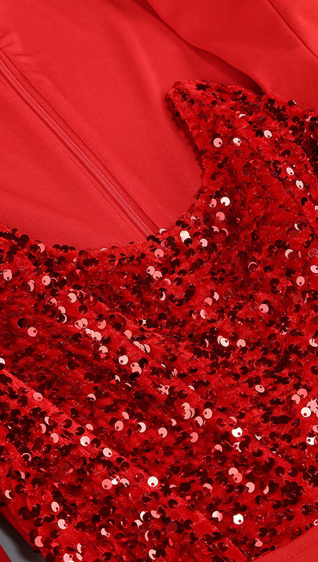 MELISSA LANGÄRMELIGES MIDIKLEID MIT PATCHWORK-PAILLETTEN IN ROT