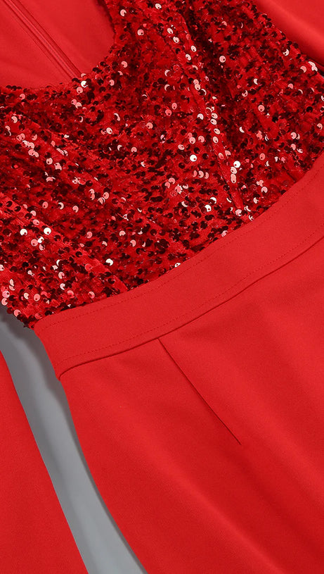 MELISSA LANGÄRMELIGES MIDIKLEID MIT PATCHWORK-PAILLETTEN IN ROT