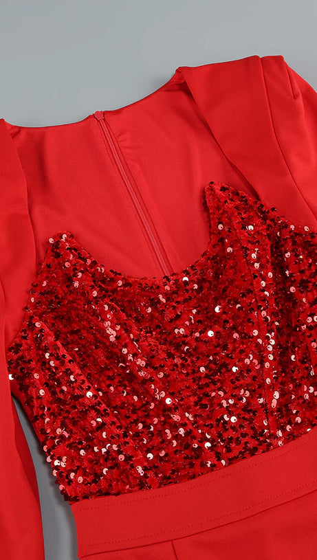 MELISSA LANGÄRMELIGES MIDIKLEID MIT PATCHWORK-PAILLETTEN IN ROT