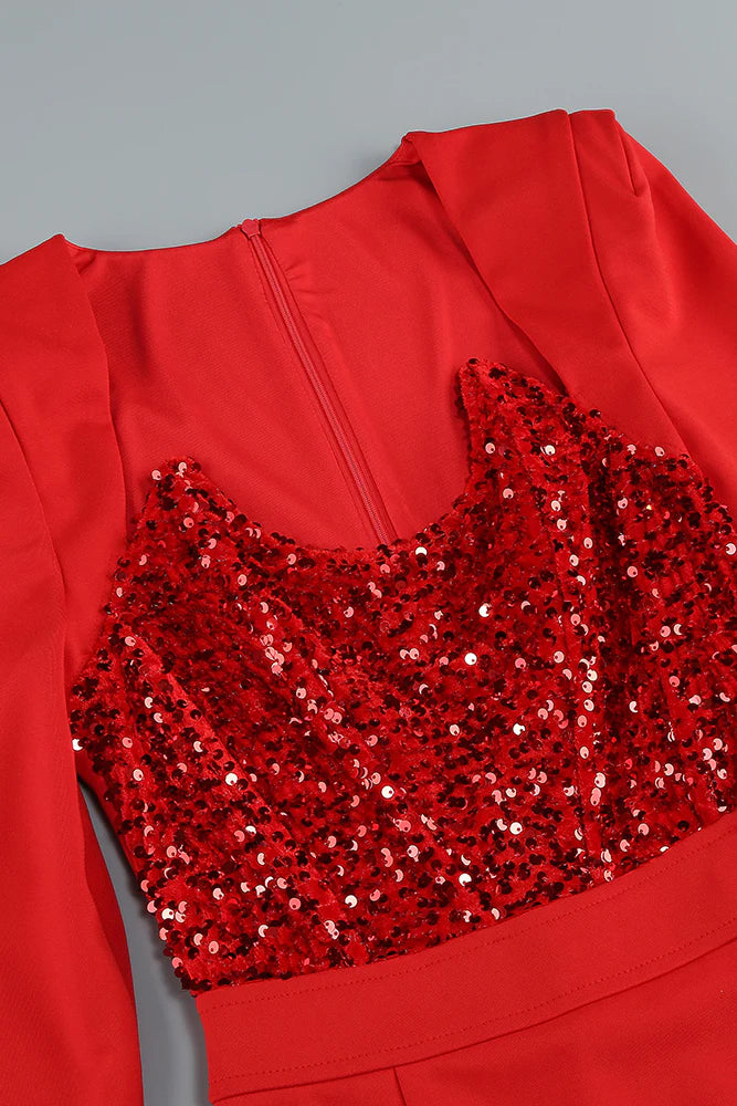 MELISSA LANGÄRMELIGES MIDIKLEID MIT PATCHWORK-PAILLETTEN IN ROT