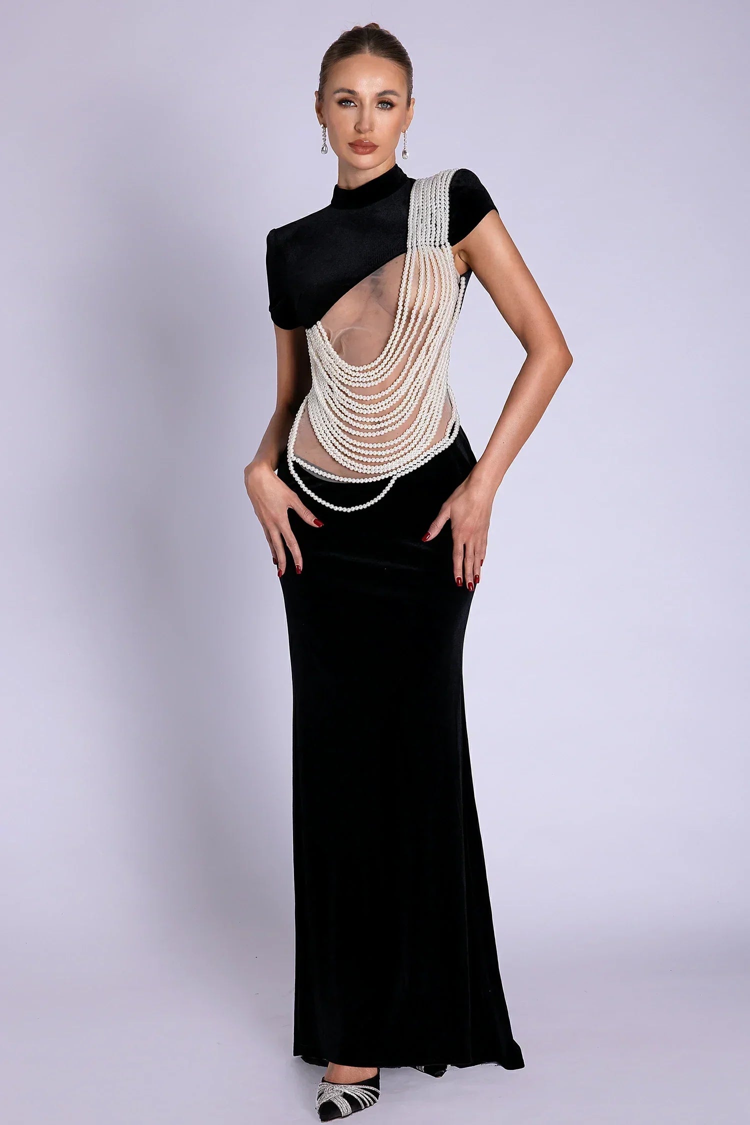 NOLWENN PEARL CHAIN CUTOUT RUFFLE DRESS