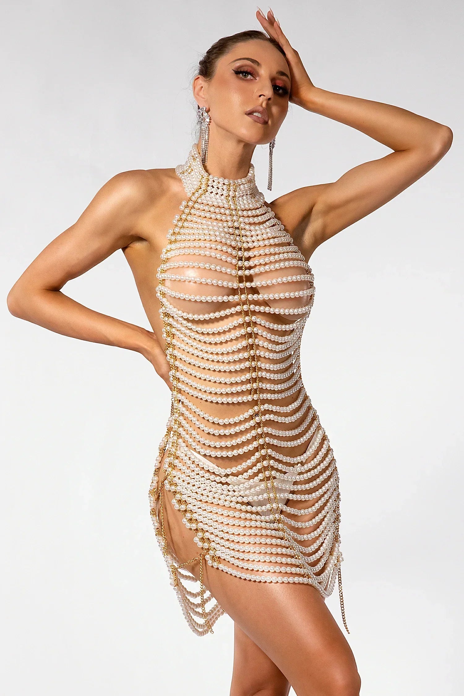 EIRINI BEAD BACKLESS HALTER DRESS