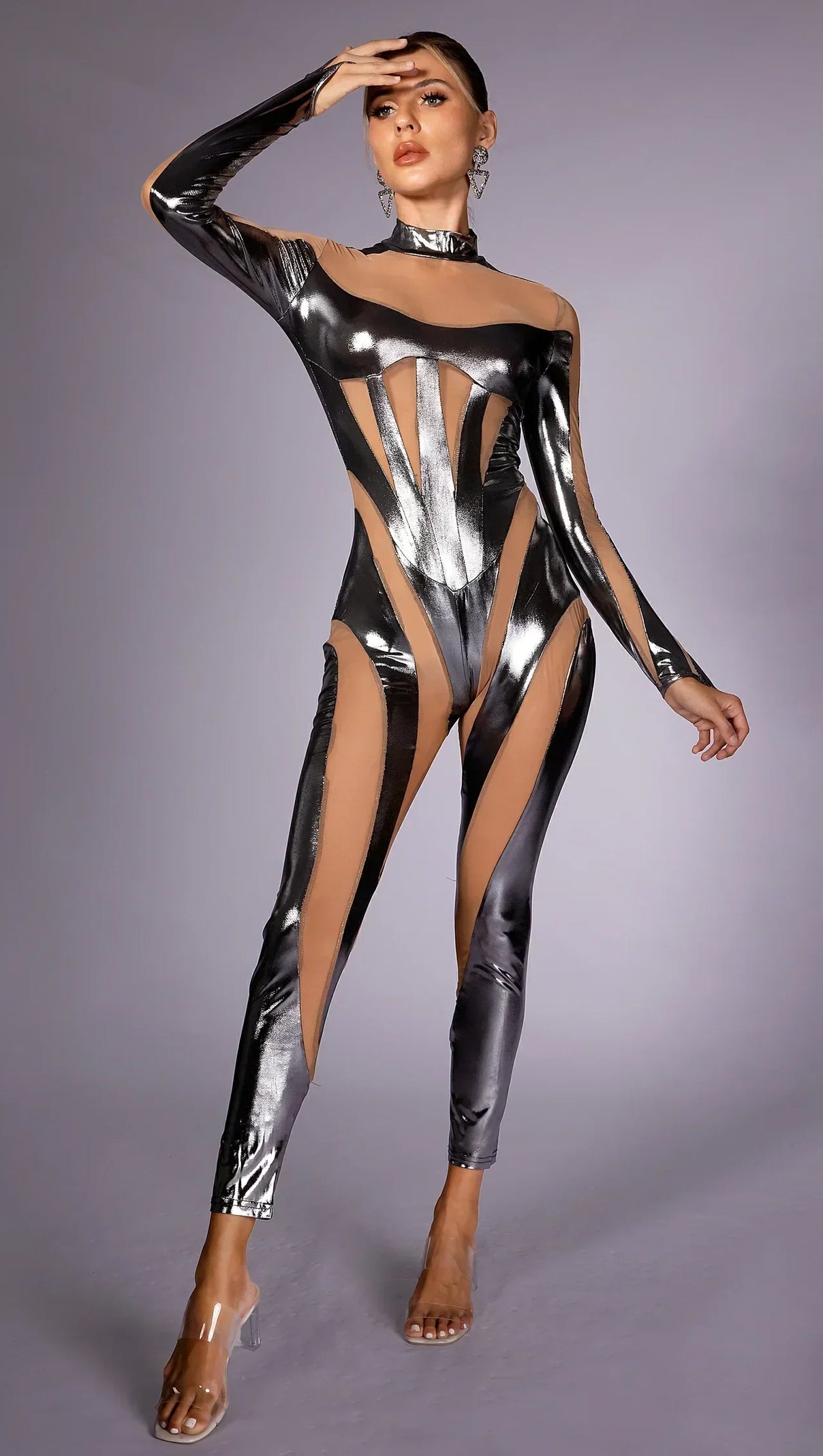 AIIZIE ALINA PATCHWORK MESH SHEER ZIPPER JUMPSUIT - product image