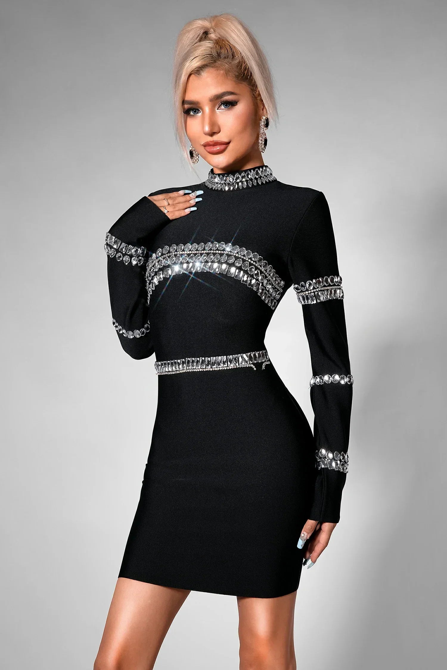 CADY RHINESTONE BLACK BANDAGE DRESS