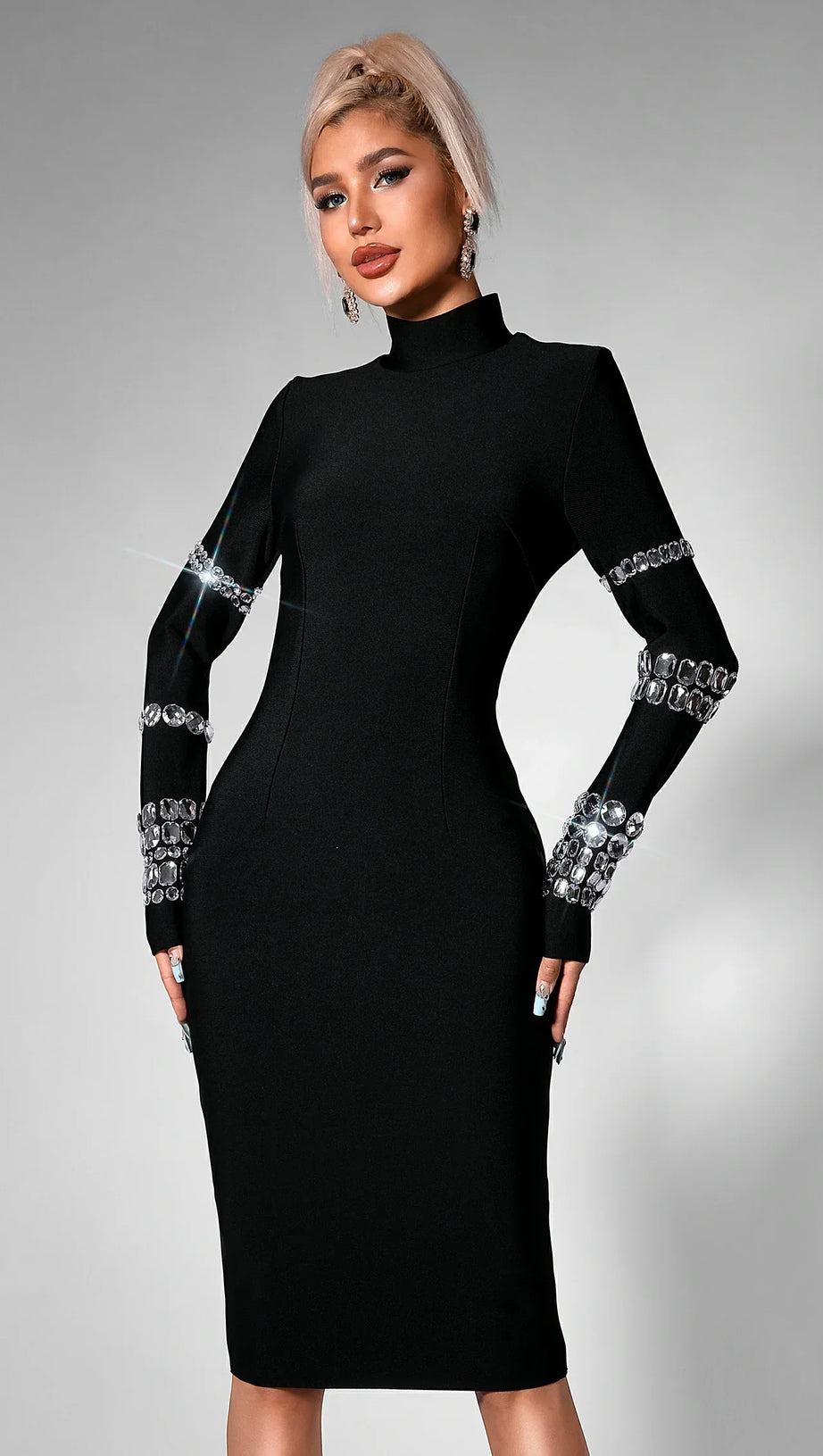 CAIERRA RHINESTONE LONG SLEEVE MIDI DRESS