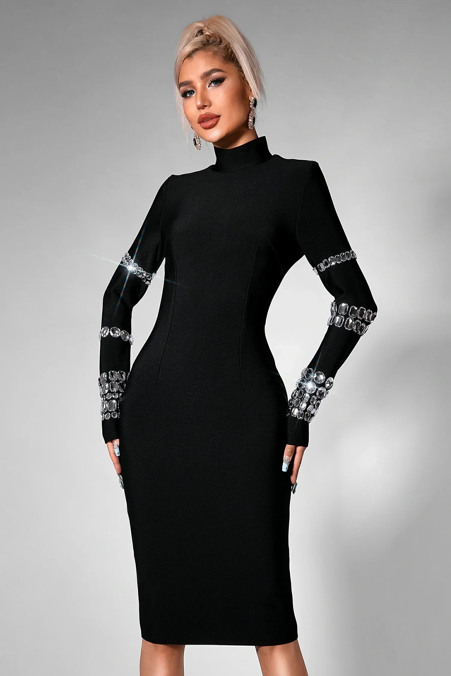 CAIERRA RHINESTONE LONG SLEEVE MIDI DRESS