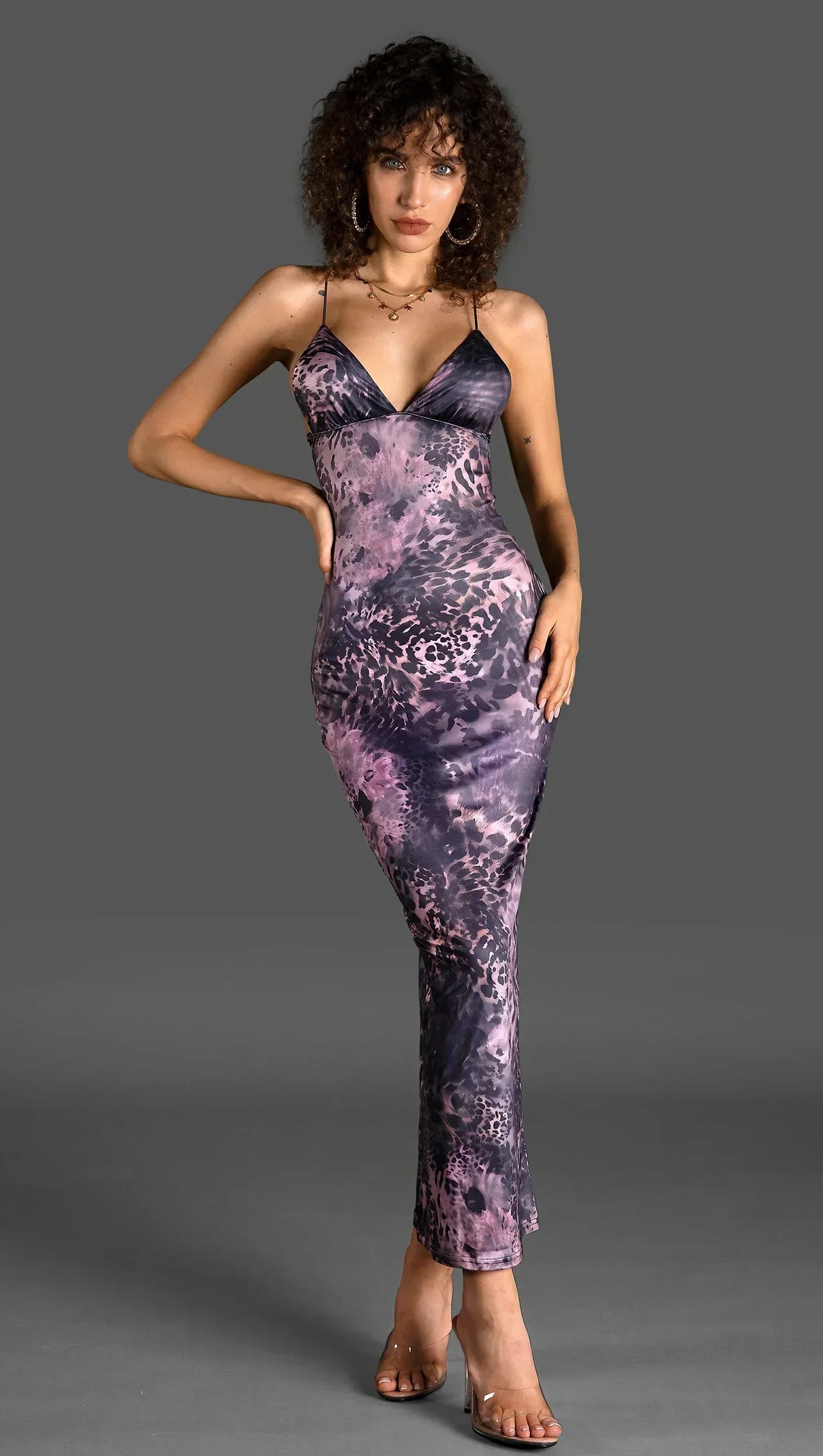 AIIZIE VELLA SPAGHETTI LEOPARD PRINT BACKLESS DRESS IN PURPLE - product image