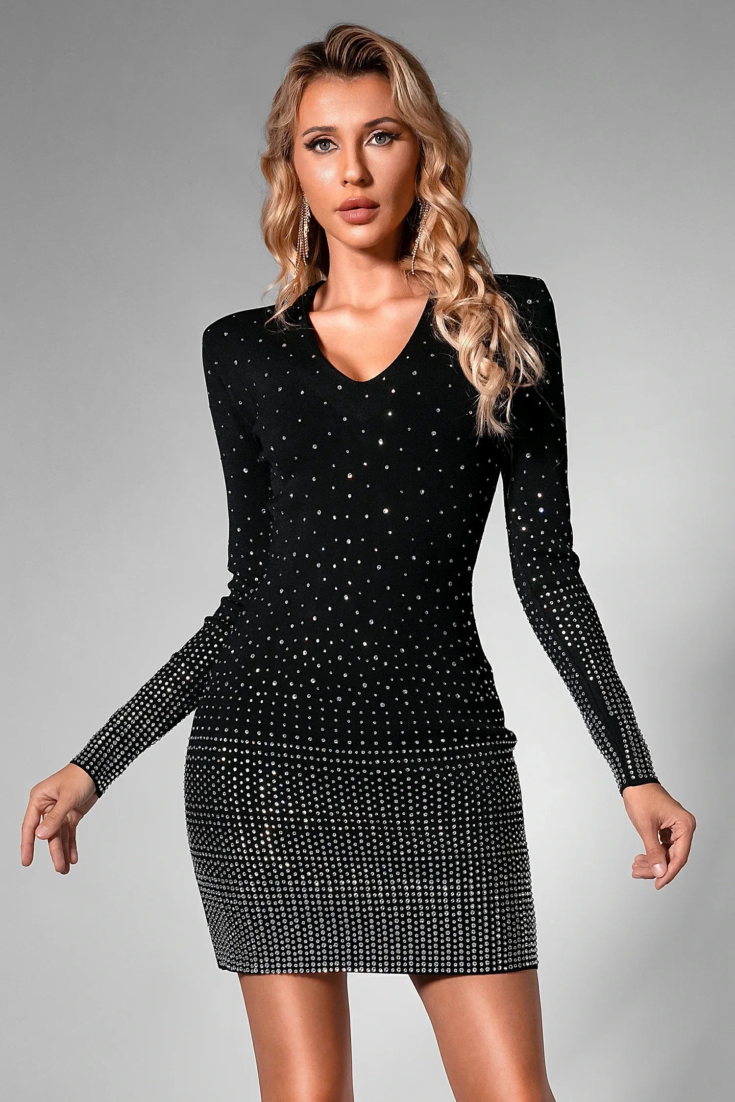 DALIAH SEQUIN V-NECK LONG SLEEVE DRESS