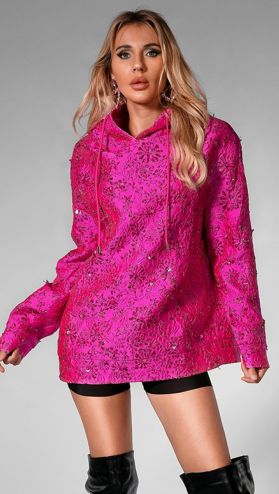 FELPA CON CAPPUCCIO LUNGA ROSA FLOREALE OVIDIA