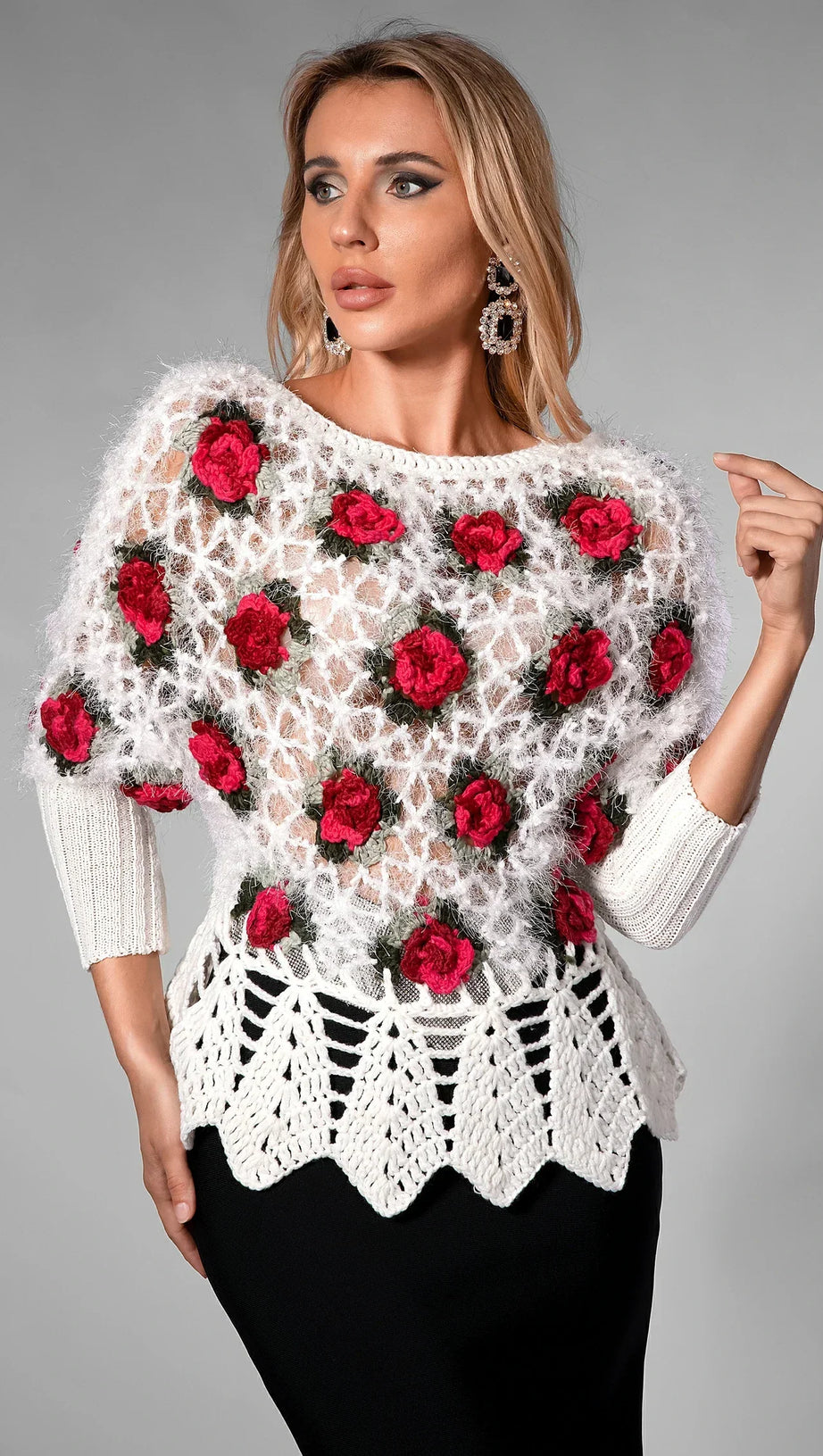 MAGLIONE ALL'UNCINETTO CON FIORI 3D NADEEN