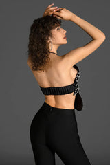 3D FLOWER PEARL EMBELLISHED TOP IN BLACK