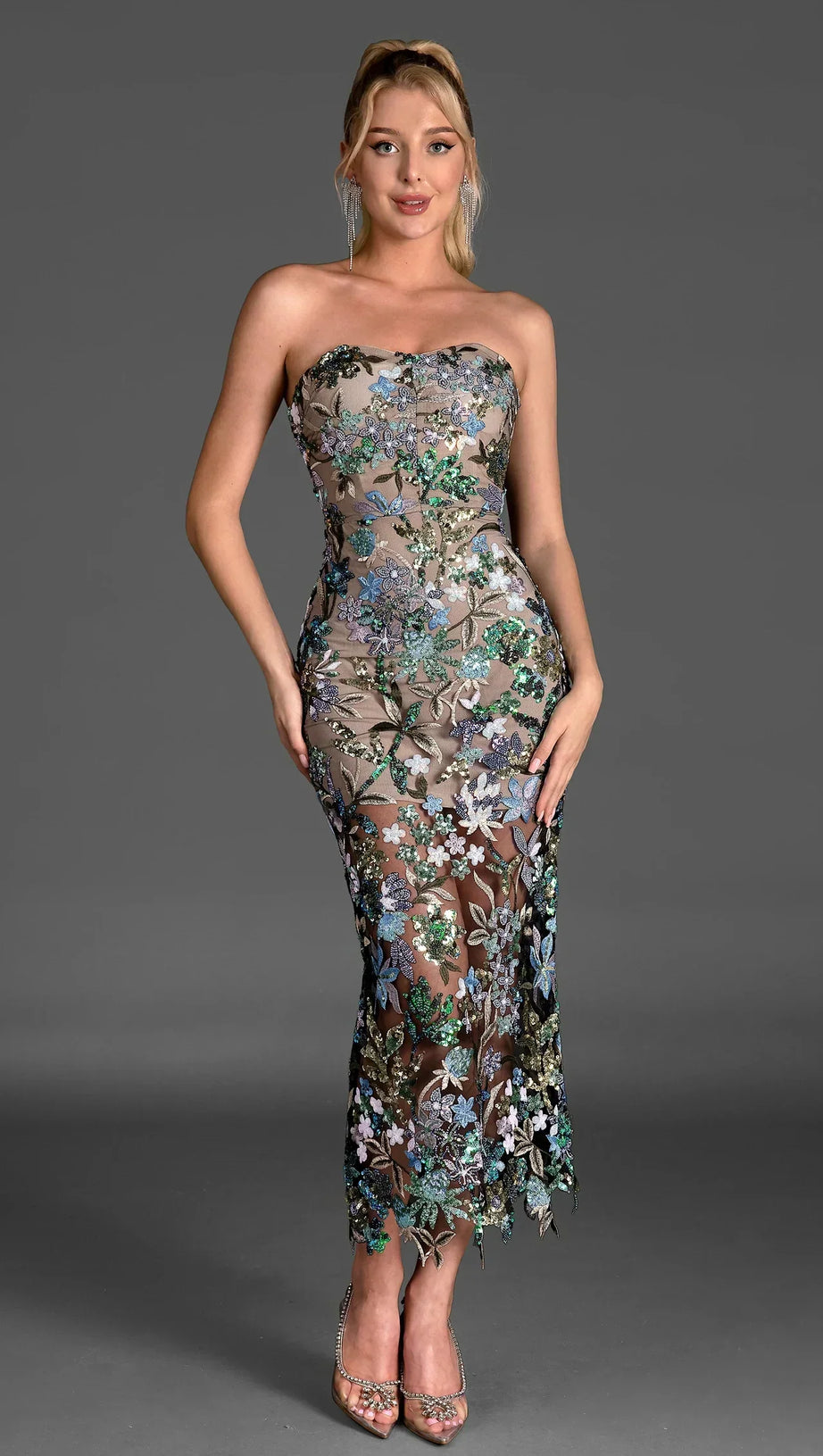 Neofytos – Schulterfreies Kleid mit bestickten Pailletten