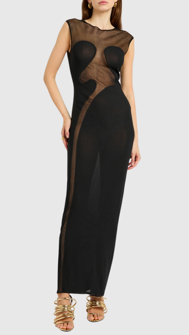 AIIZIE CARMINA MESH PANELED MAXI BANDAGE DRESS IN BLACK - product image