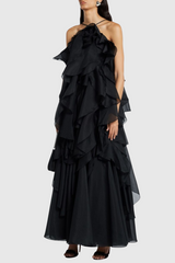 Caysie Halter Floral Ruffle Layered Maxi Dress in Black