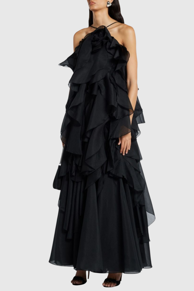 Caysie Halter Floral Ruffle Layered Maxi Dress in Black
