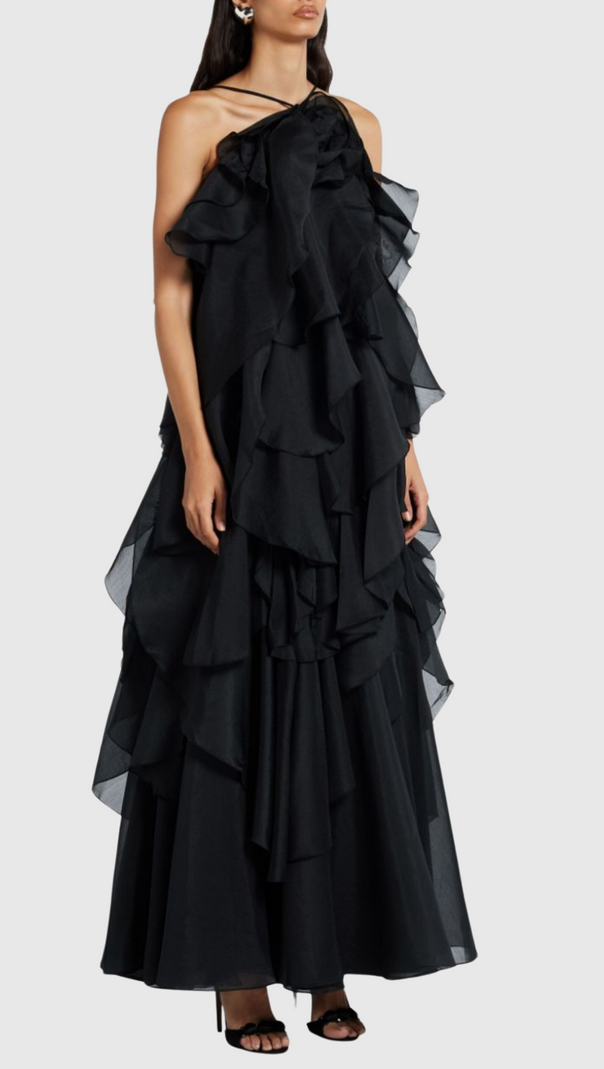 Caysie – Neckholder-Maxikleid mit floralem Rüschenmuster in Schwarz