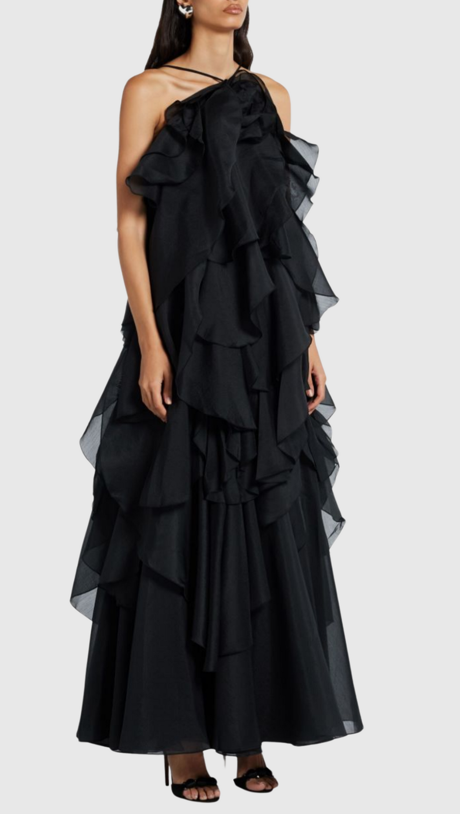 Caysie – Neckholder-Maxikleid mit floralem Rüschenmuster in Schwarz