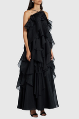 Caysie Halter Floral Ruffle Layered Maxi Dress in Black