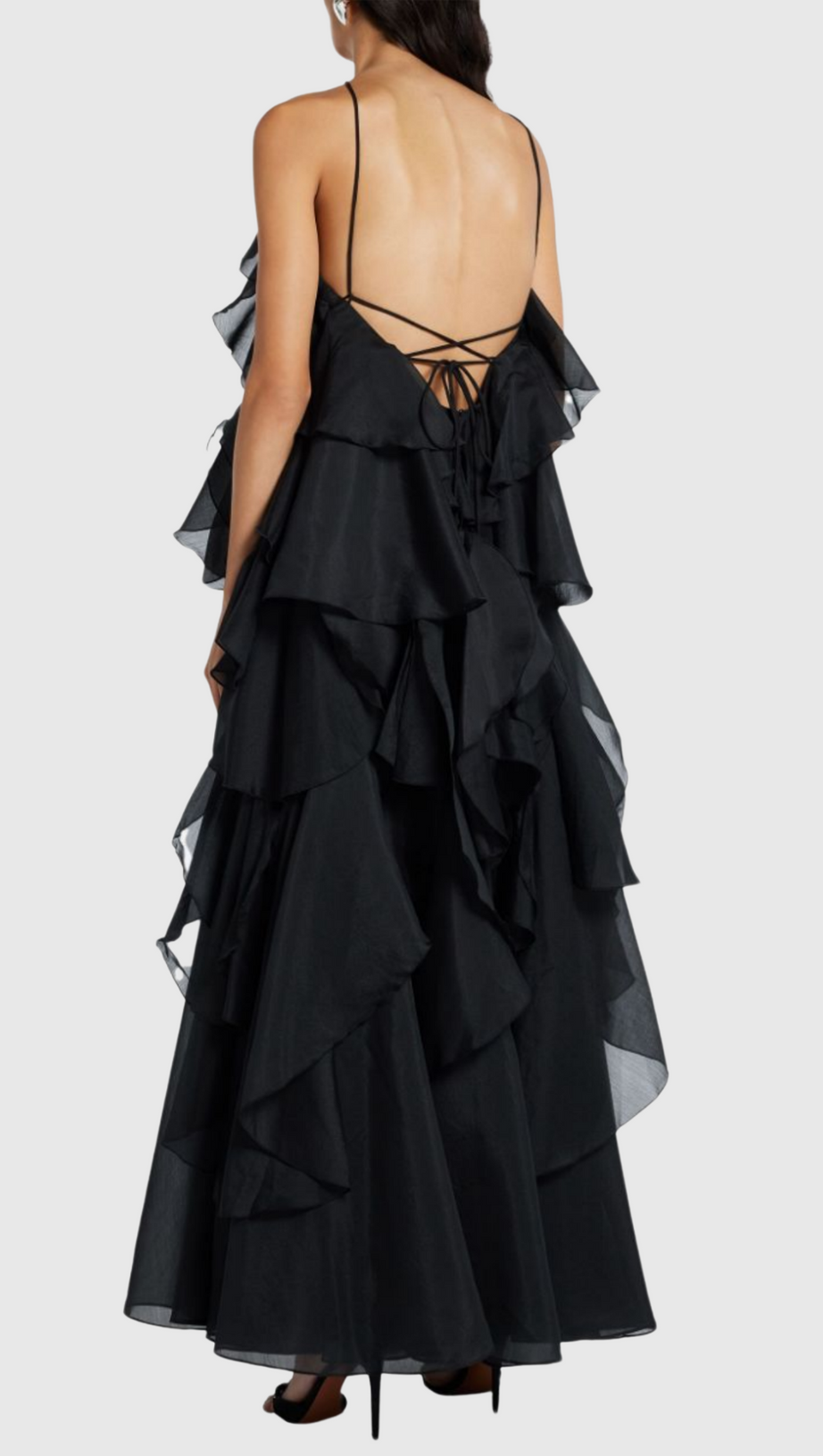 Caysie – Neckholder-Maxikleid mit floralem Rüschenmuster in Schwarz