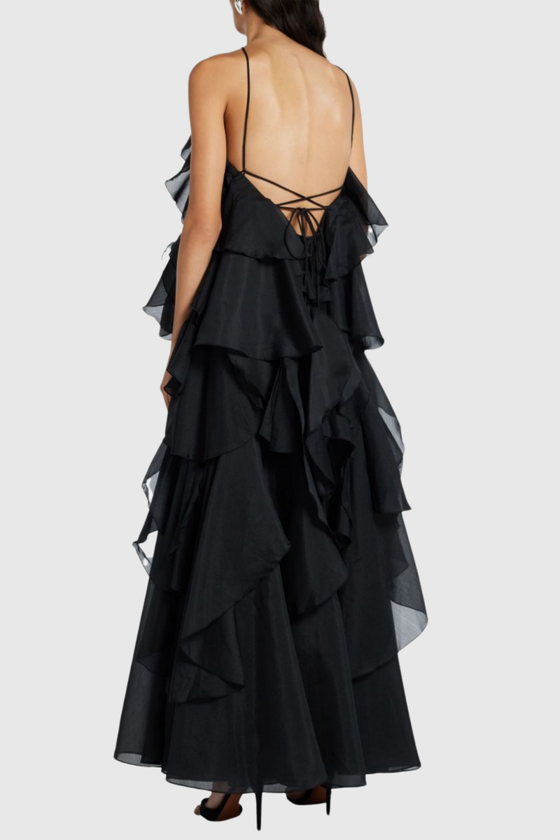 Caysie Halter Floral Ruffle Layered Maxi Dress in Black