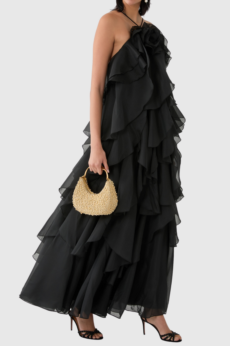 Caysie Halter Floral Ruffle Layered Maxi Dress in Black