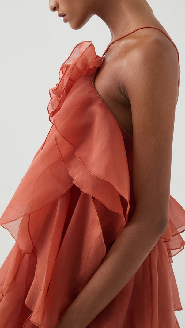 CAYSIE HALTER FLORAL RUFFLE LAYERED MAXI DRESS IN ORANGE