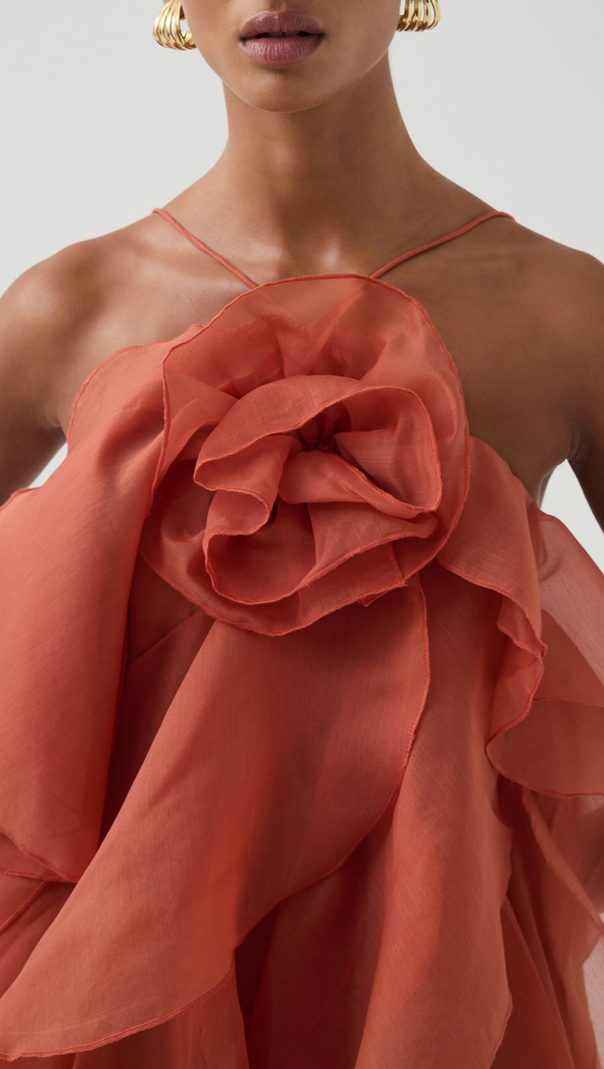 CAYSIE HALTER FLORAL RUFFLE LAYERED MAXI DRESS IN ORANGE