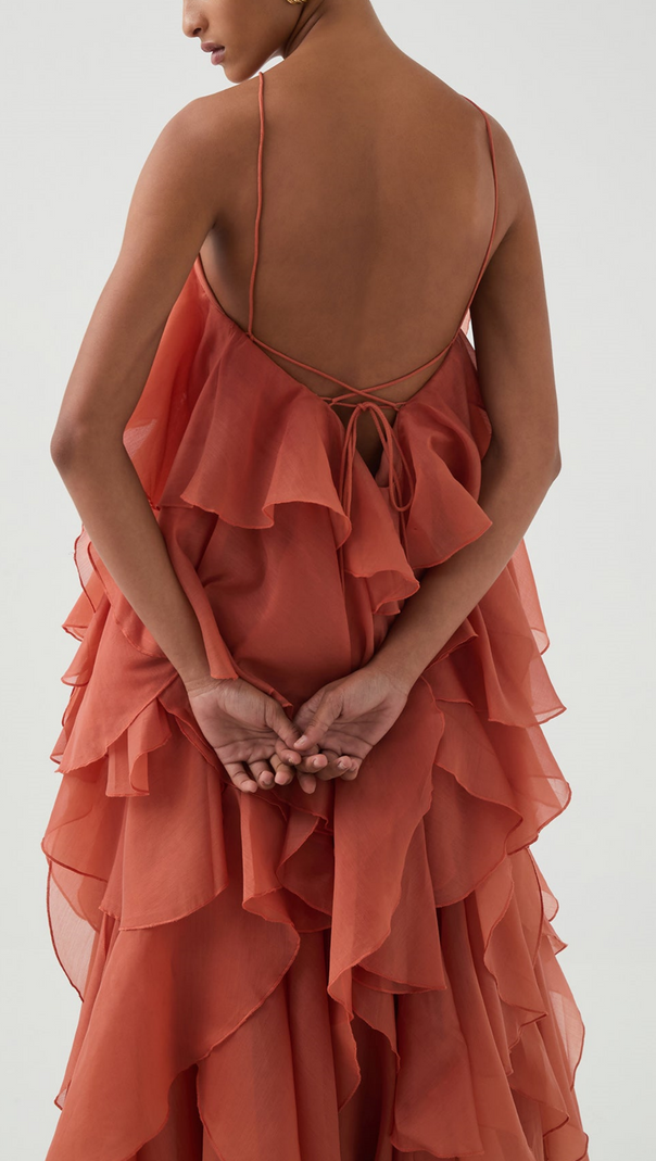 AIIZIE CAYSIE HALTER FLORAL RUFFLE LAYERED MAXI DRESS IN ORANGE - product image