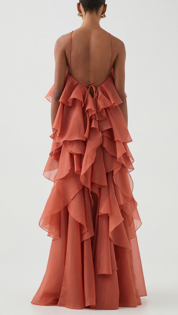 AIIZIE CAYSIE HALTER FLORAL RUFFLE LAYERED MAXI DRESS IN ORANGE - product image