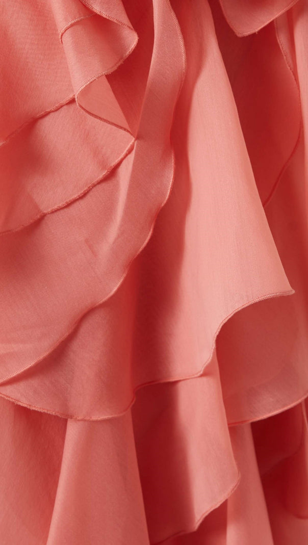 Lorraine – Neckholder-Minikleid mit floralem Rüschenmuster in Orange