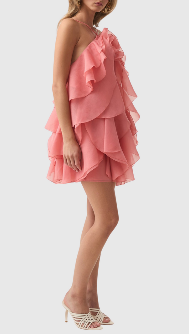 Lorraine – Neckholder-Minikleid mit floralem Rüschenmuster in Orange