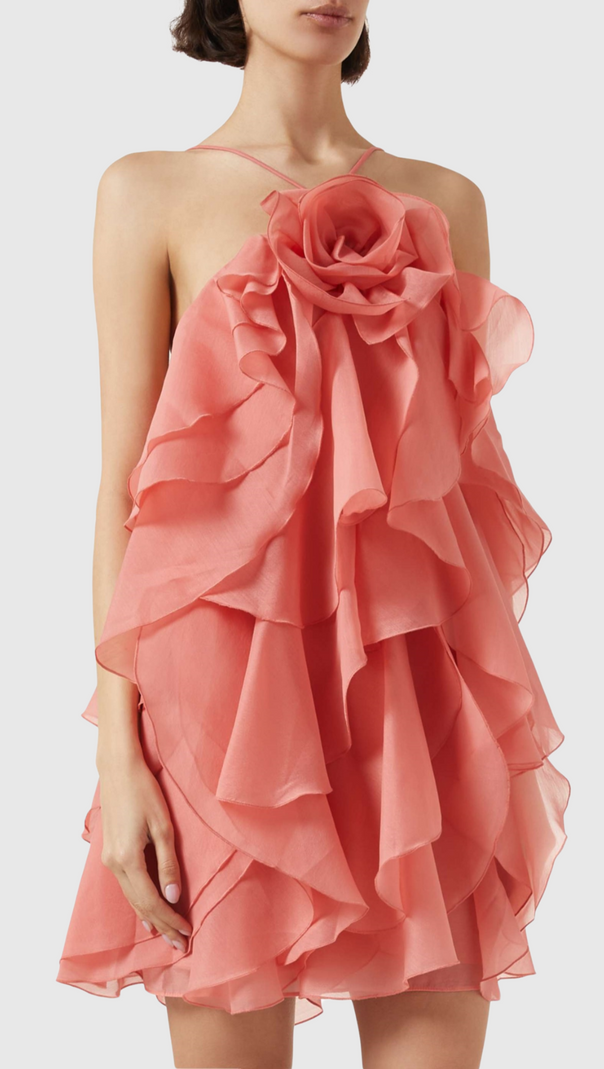 AIIZIE LORRAINE HALTER FLORAL RUFFLE LAYERED MINI DRESS IN ORANGE - product image