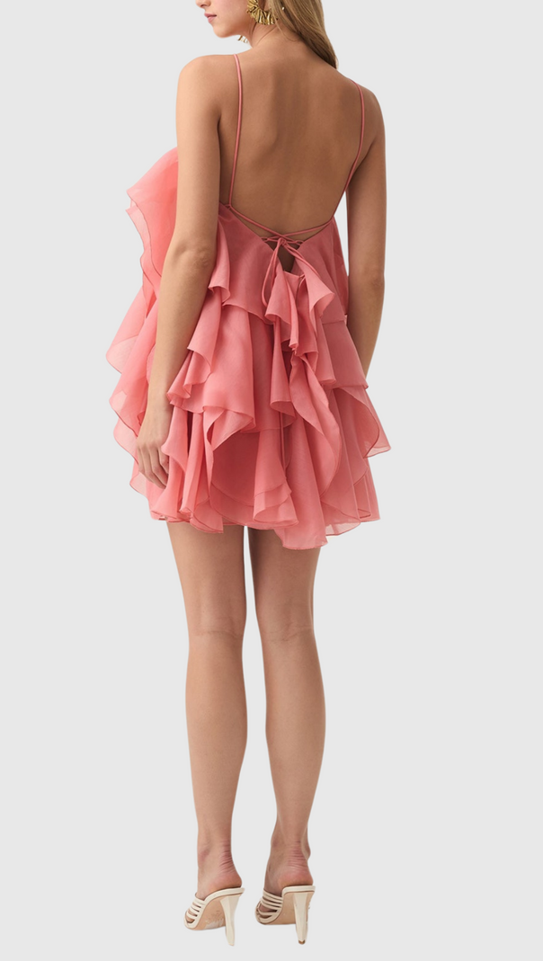 Lorraine – Neckholder-Minikleid mit floralem Rüschenmuster in Orange