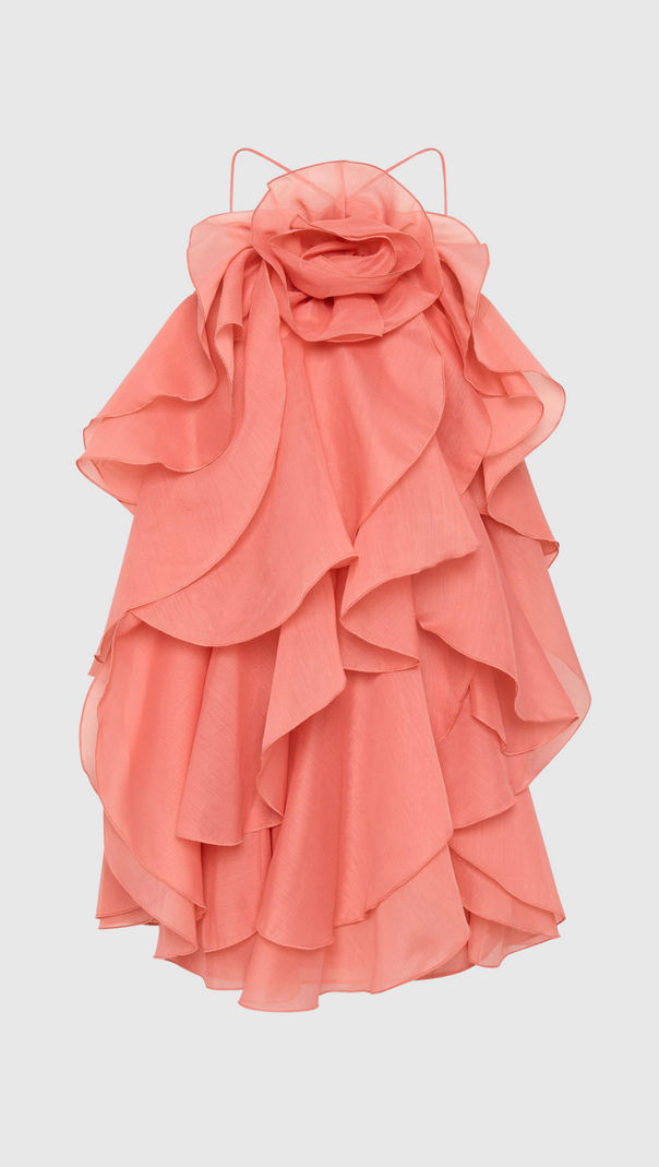 Lorraine – Neckholder-Minikleid mit floralem Rüschenmuster in Orange