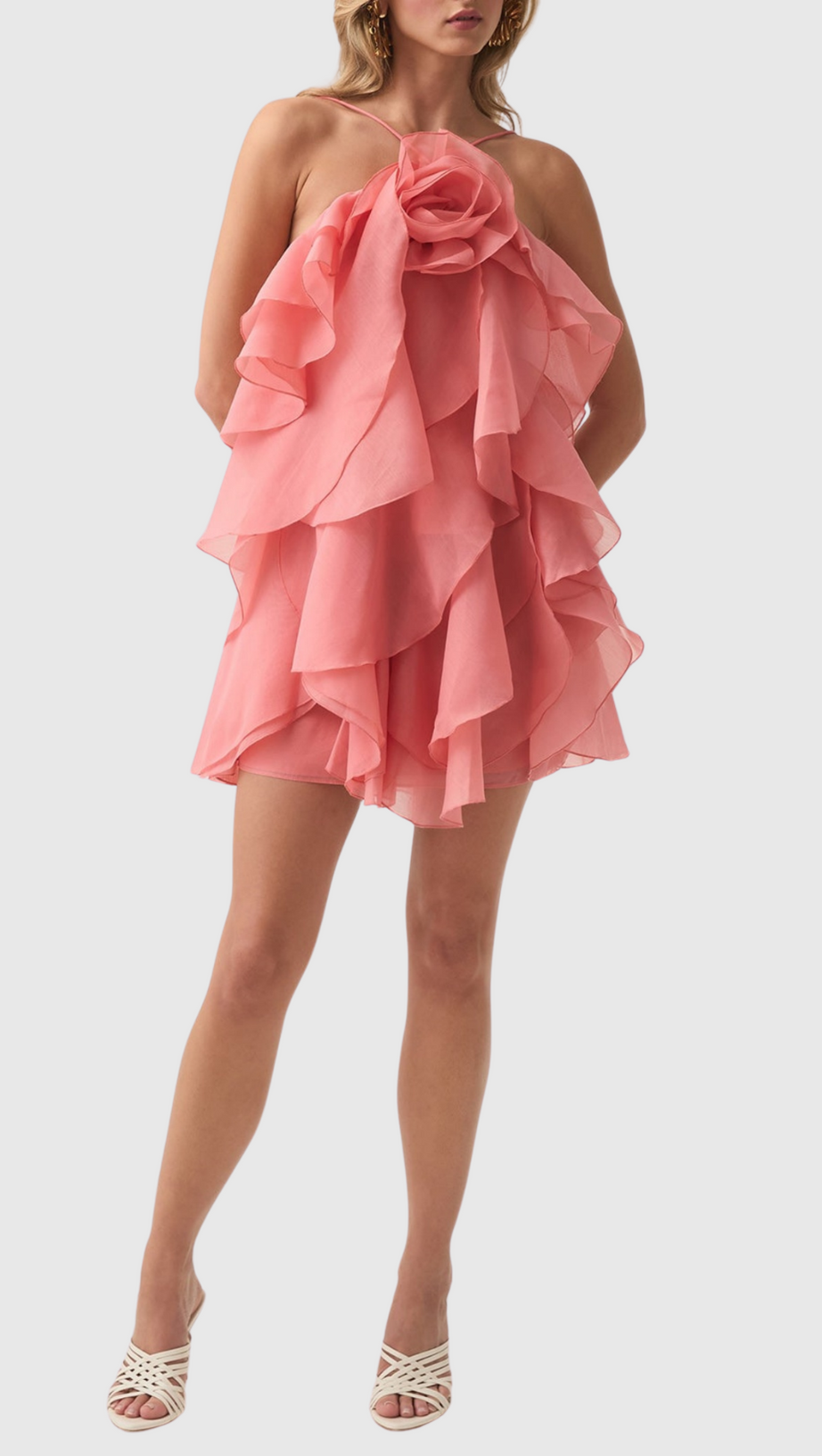 LORRAINE HALTER FLORAL RUFFLE LAYERED MINI DRESS IN ORANGE