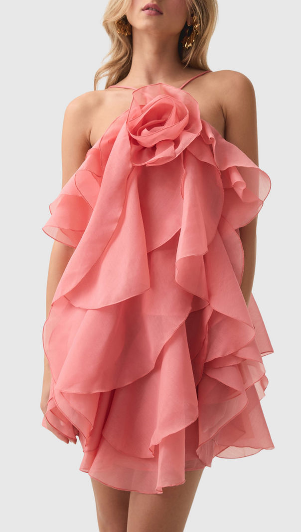 Lorraine – Neckholder-Minikleid mit floralem Rüschenmuster in Orange