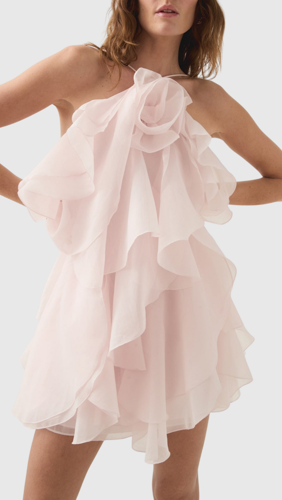 LORRAINE HALTER FLORAL RUFFLE LAYERED MINI DRESS IN PINK