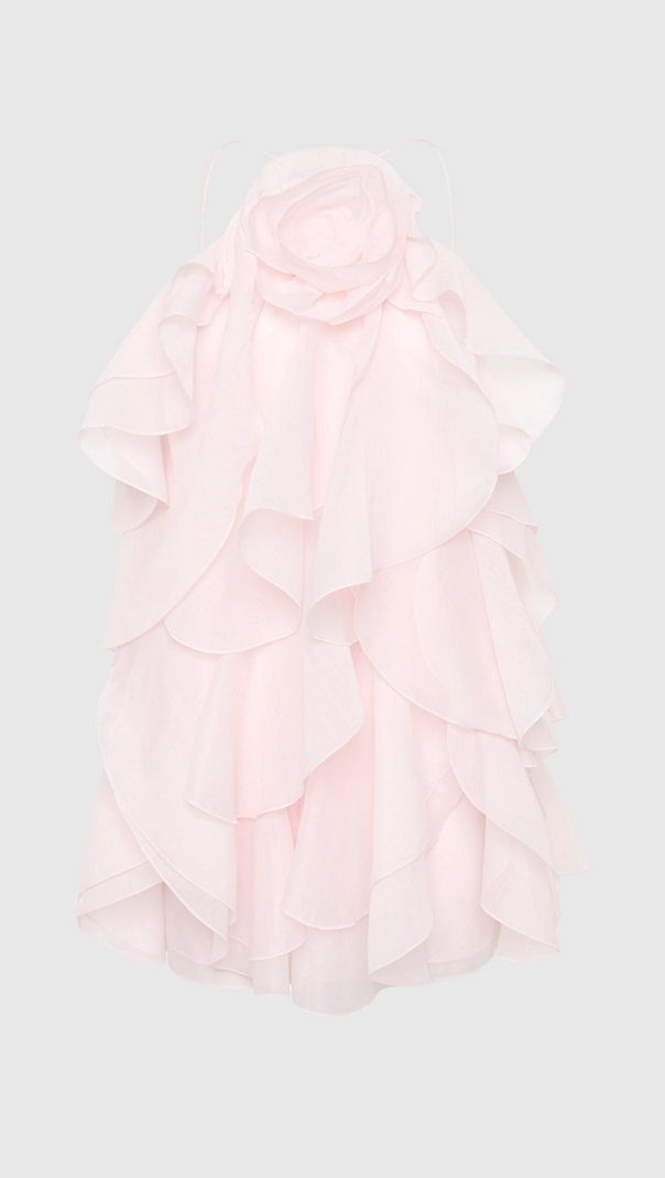 Lorraine – Neckholder-Minikleid mit floralem Rüschenmuster in Rosa