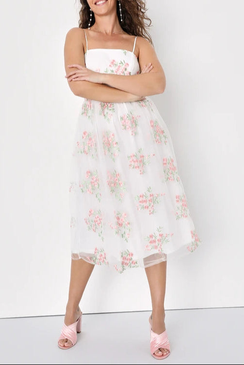 WHITE FLORAL EMBROIDERED TULLE MIDI DRESS