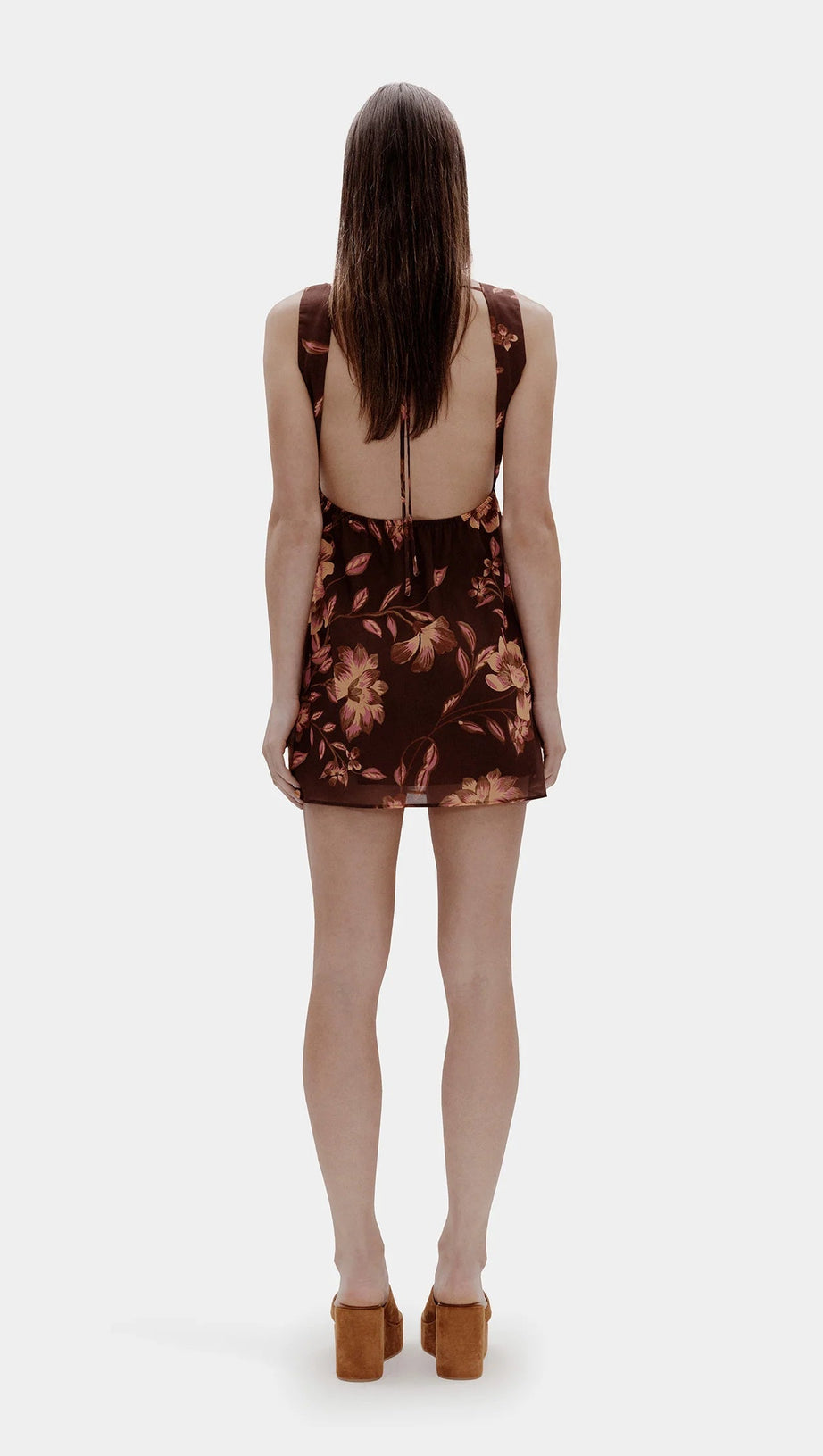 TEA PRINT BACKLESS MINI DRESS IN BROWN