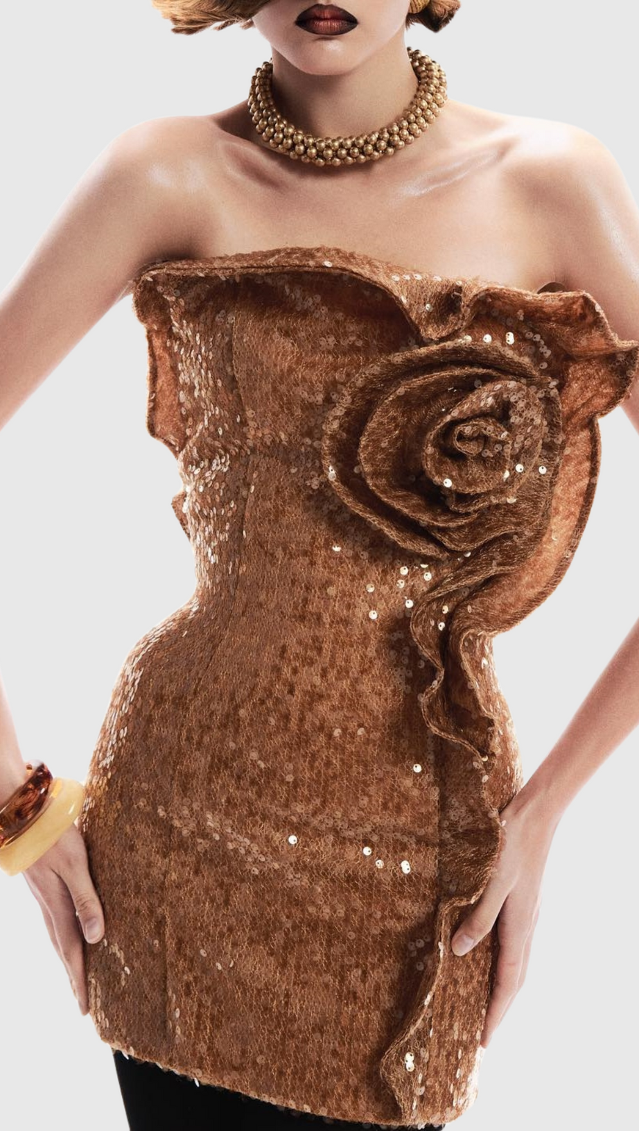 CHARAE SEQUIN FLORAL STRAPLESS MINI DRESS IN BROWN