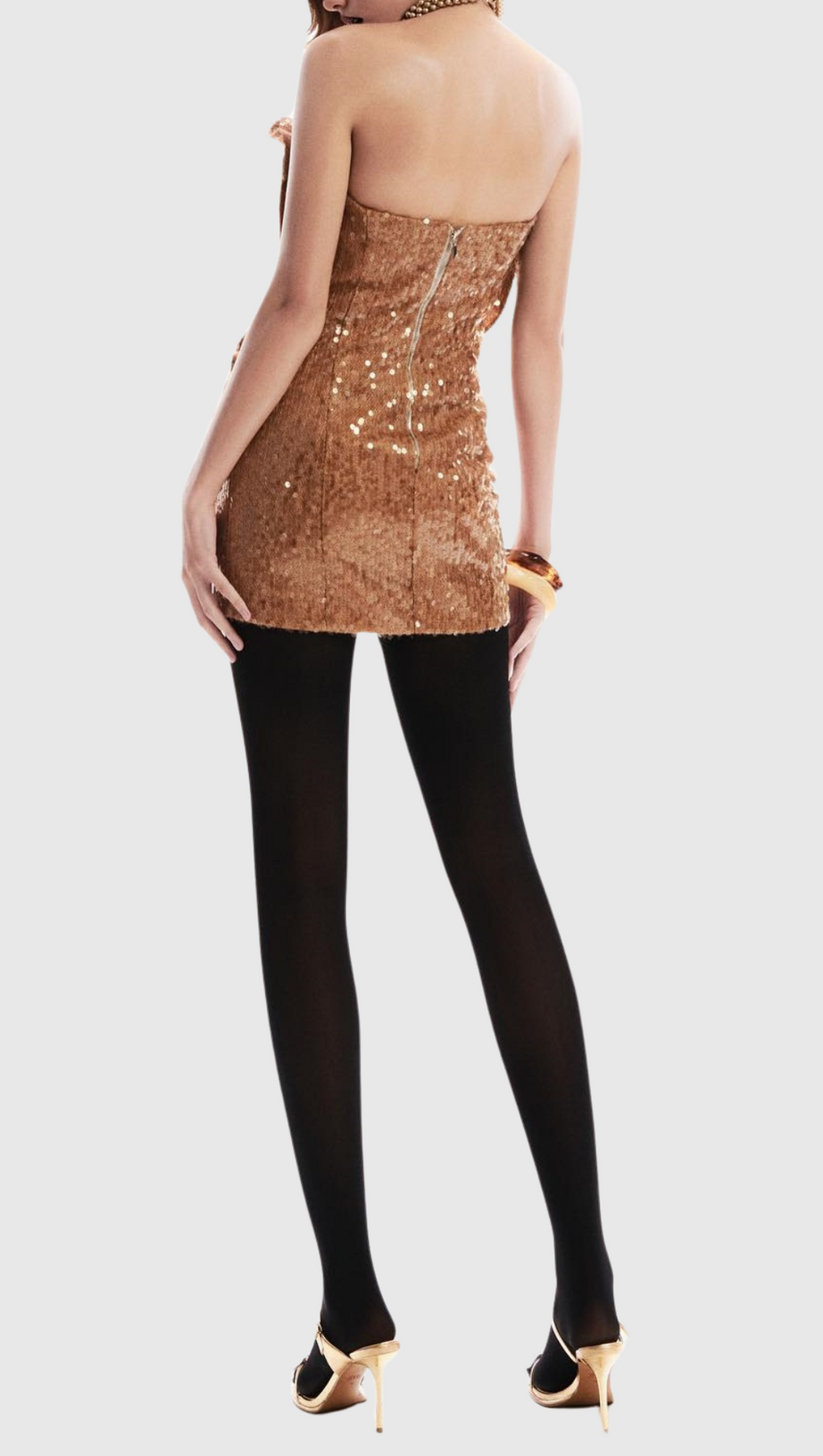 CHARAE SEQUIN FLORAL STRAPLESS MINI DRESS IN BROWN