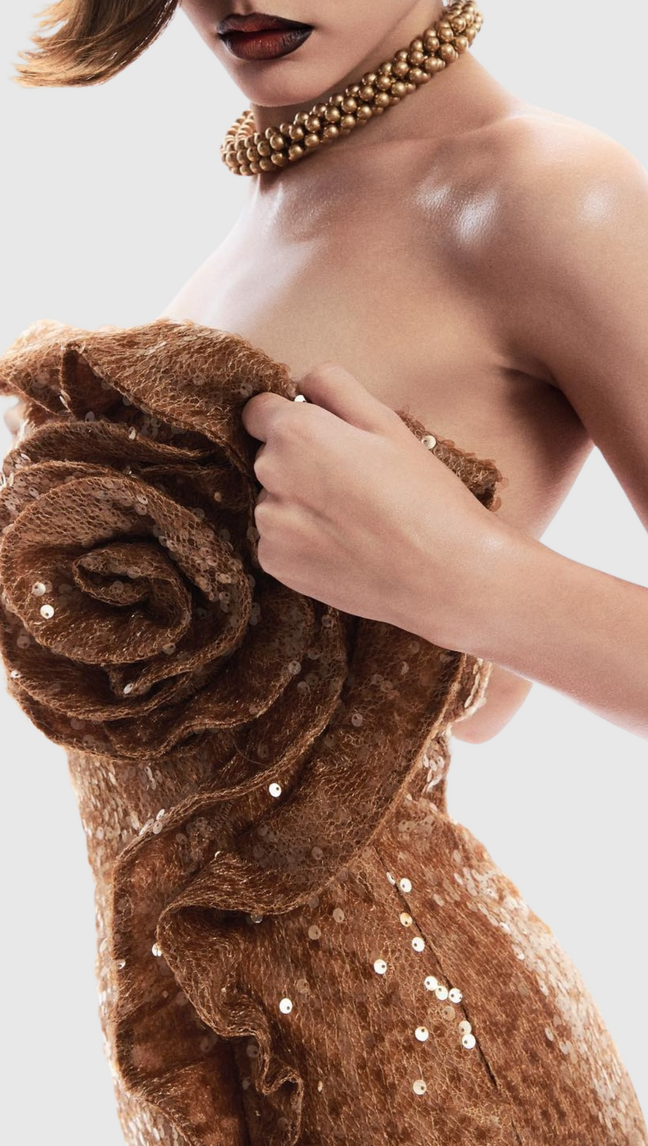 CHARAE SEQUIN FLORAL STRAPLESS MINI DRESS IN BROWN