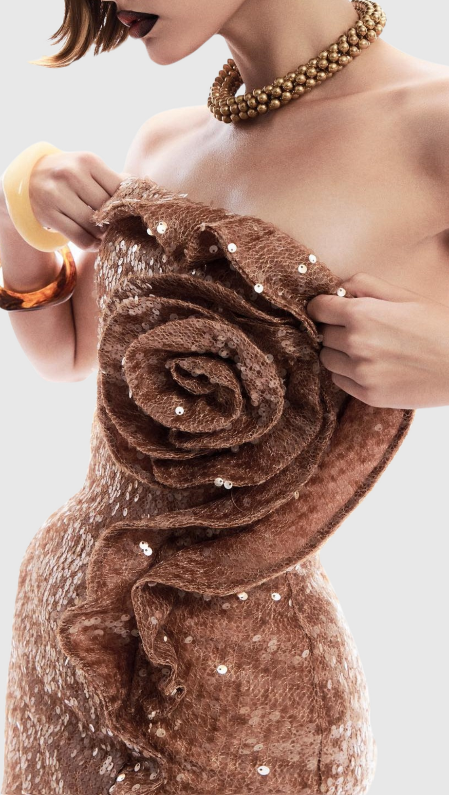 CHARAE SEQUIN FLORAL STRAPLESS MINI DRESS IN BROWN