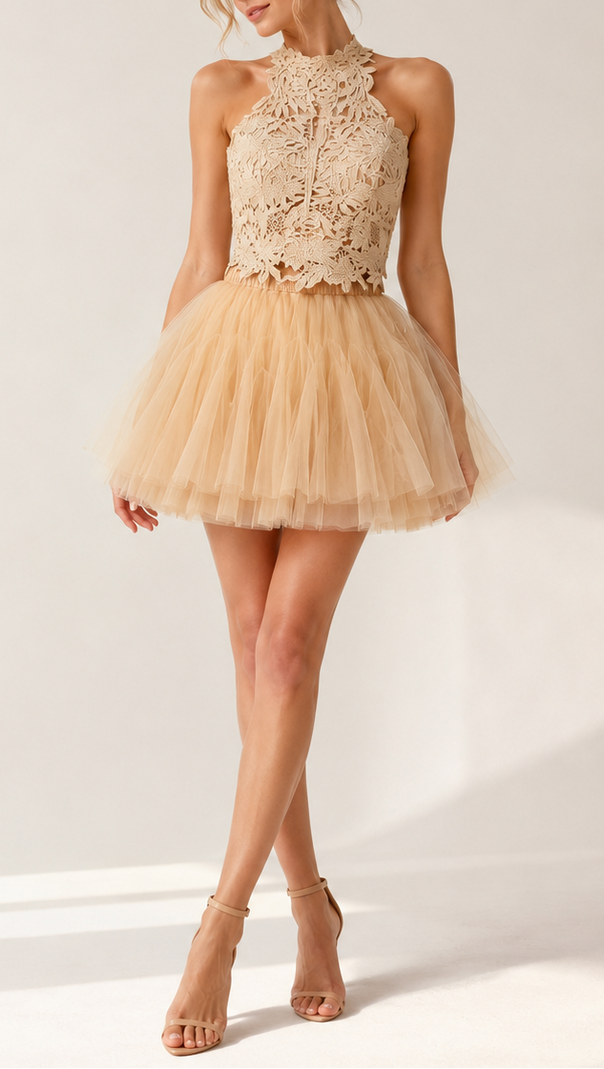 Halter Lace Corset & Puffy Tulle Skirt Two-Piece Set