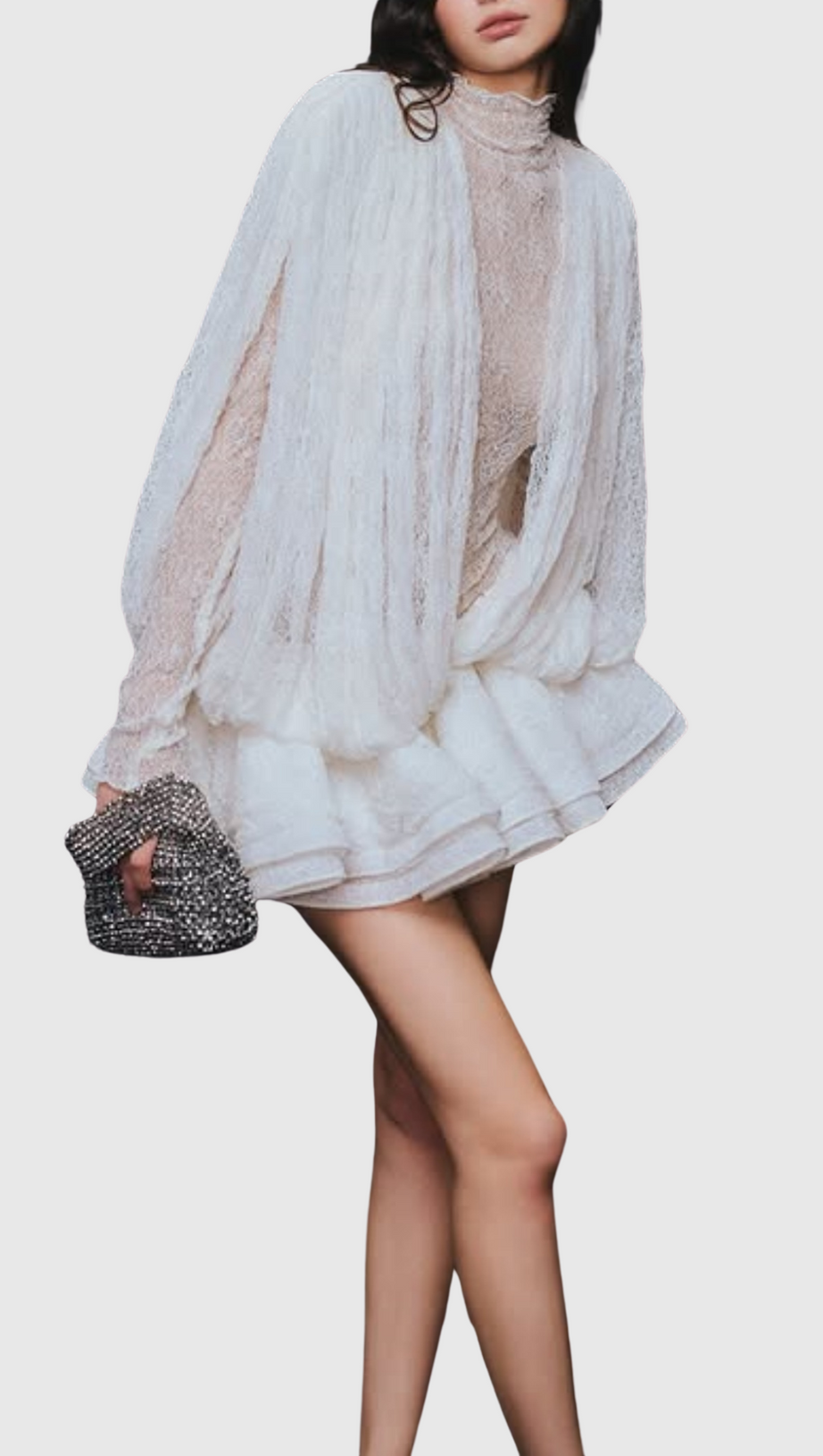 CHAYLEE SEMI-SHEER LACE RUFFLE MINI DRESS