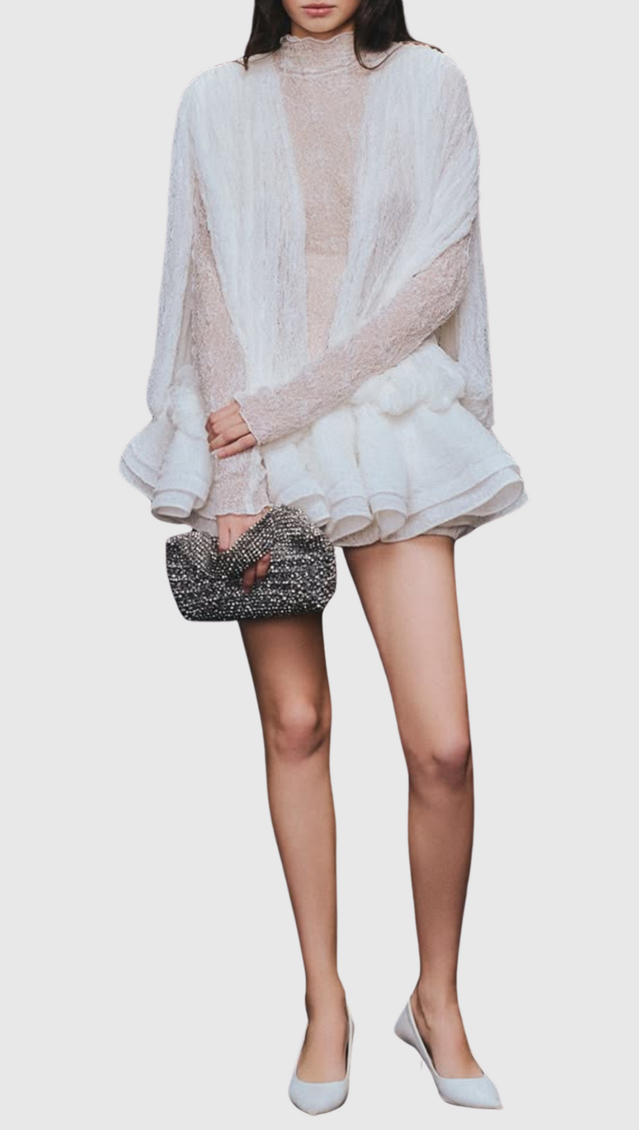 CHAYLEE SEMI-SHEER LACE RUFFLE MINI DRESS